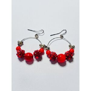 Disney Red Beaded Hoop Earrings Hidden Mickey Silver Tone Dangle